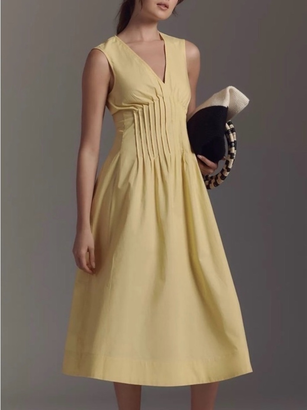 Anthropologie Pale Yellow Pleated V-Neck Midi Dress